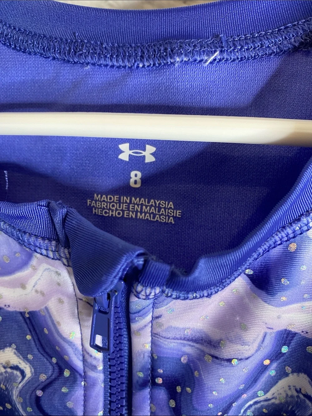Under Armour Girls Blue Purple Wave Front-Zip Rashguard One-Piece Swimsuit